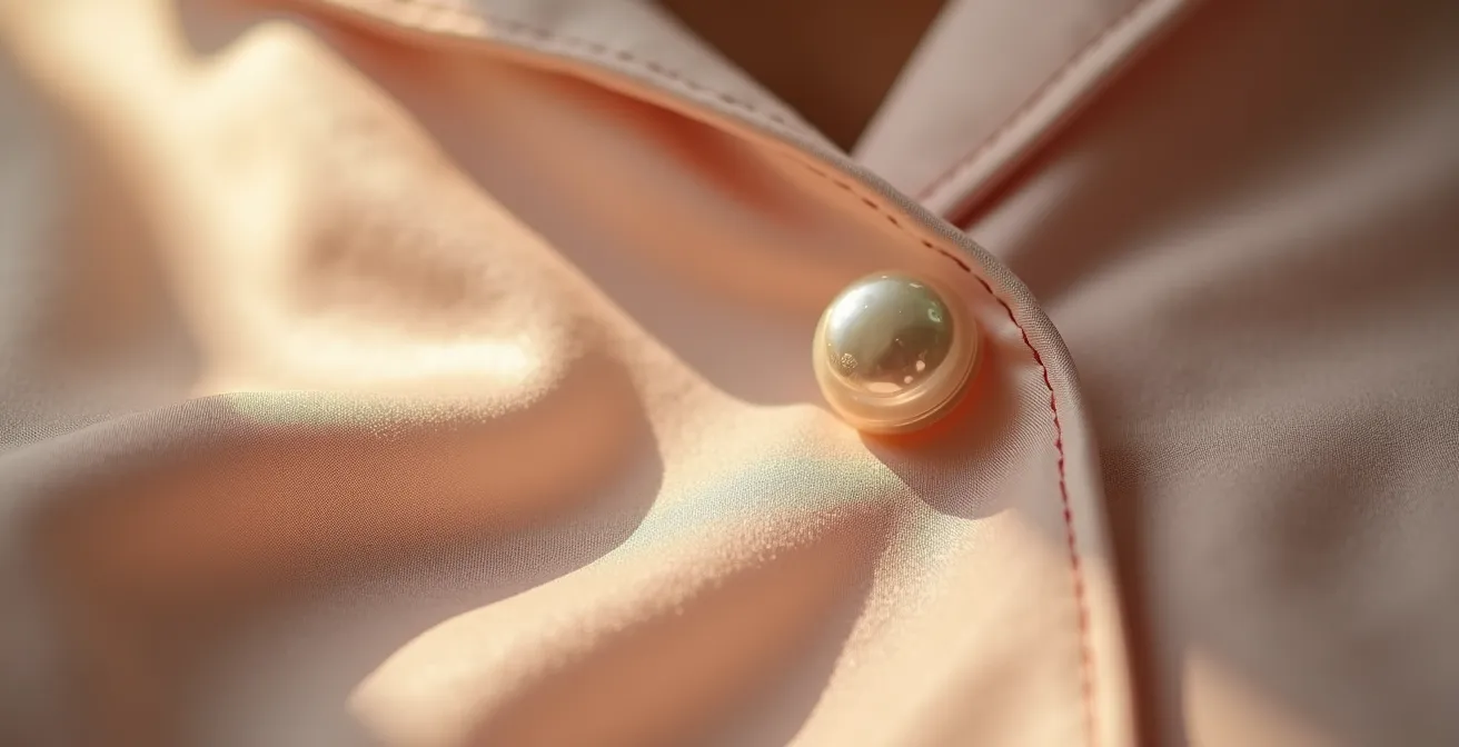 Gros plan sur les détails d'un pyjama en soie avec boutons nacrés