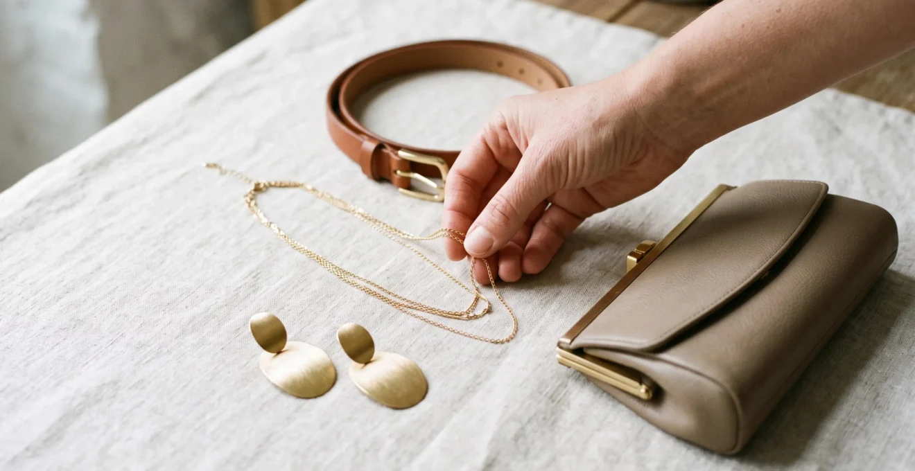 Sélection d'accessoires de soirée disposés sur une surface claire avec une main féminine