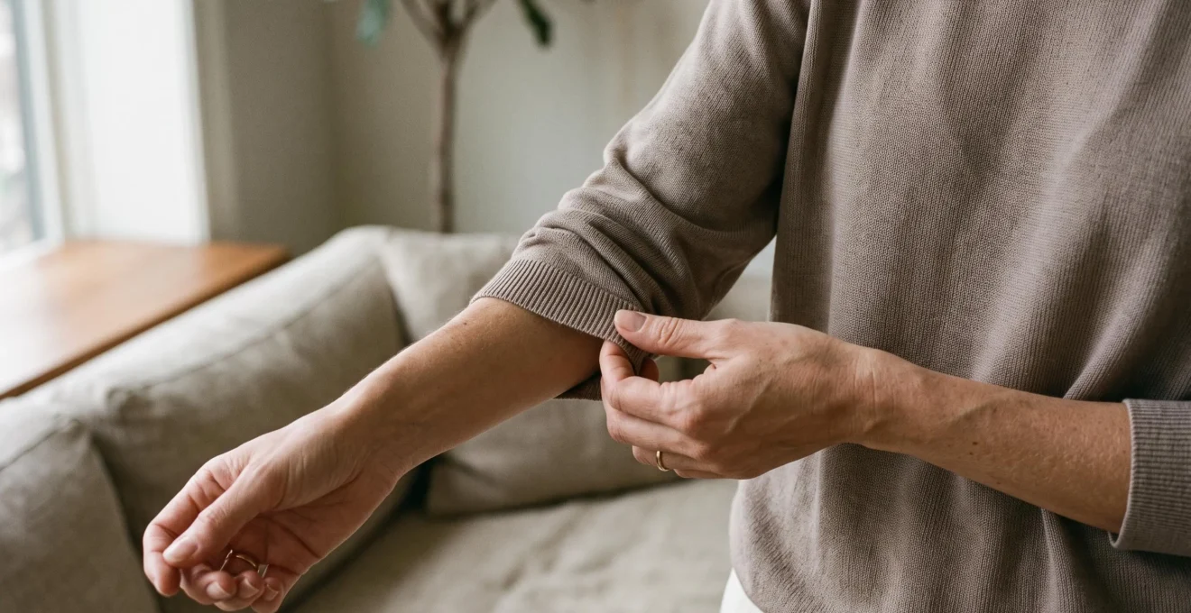 Mains ajustant la manche d'un top en maille fluide taupe pour créer un style décontracté