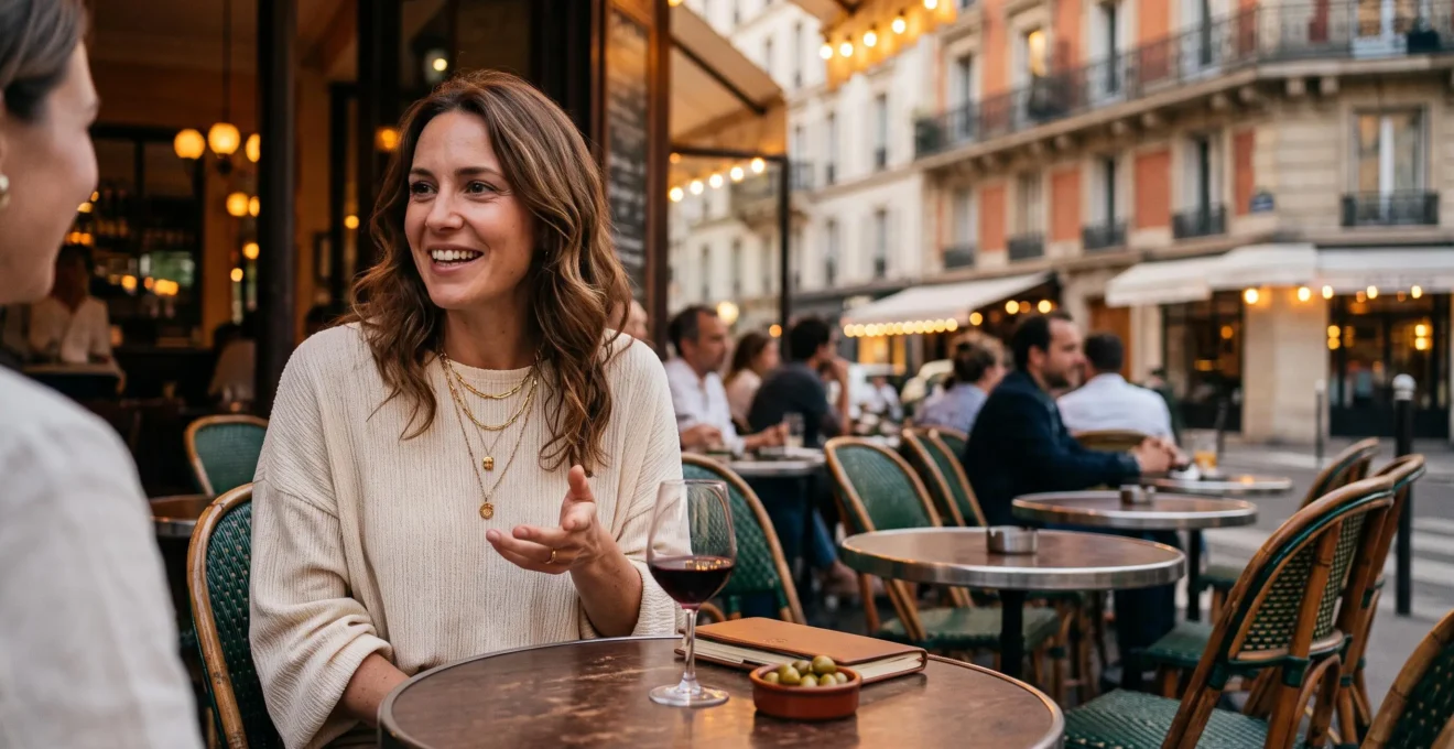 Femme portant un top en maille fluide sur une terrasse de café parisien en soirée